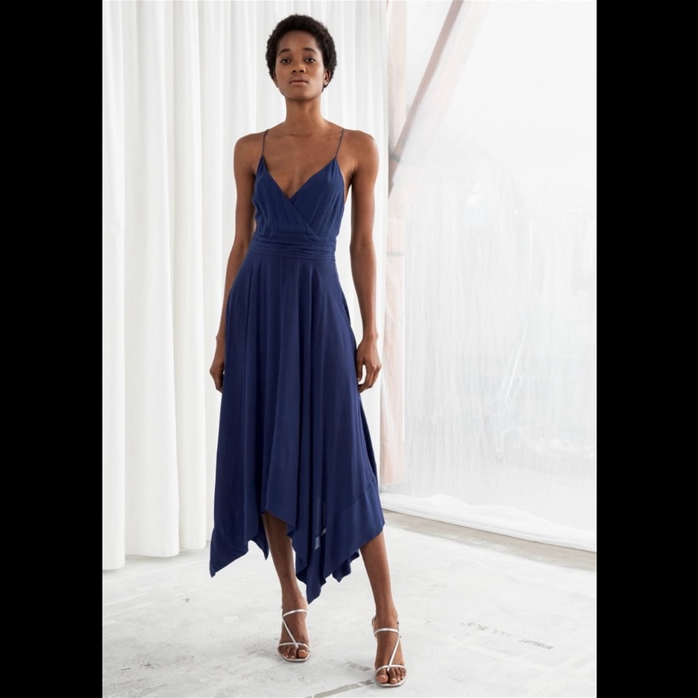 & Other Stories (NWT) Micro Strap Handkerchief Midi Dress, size 4, color Navy